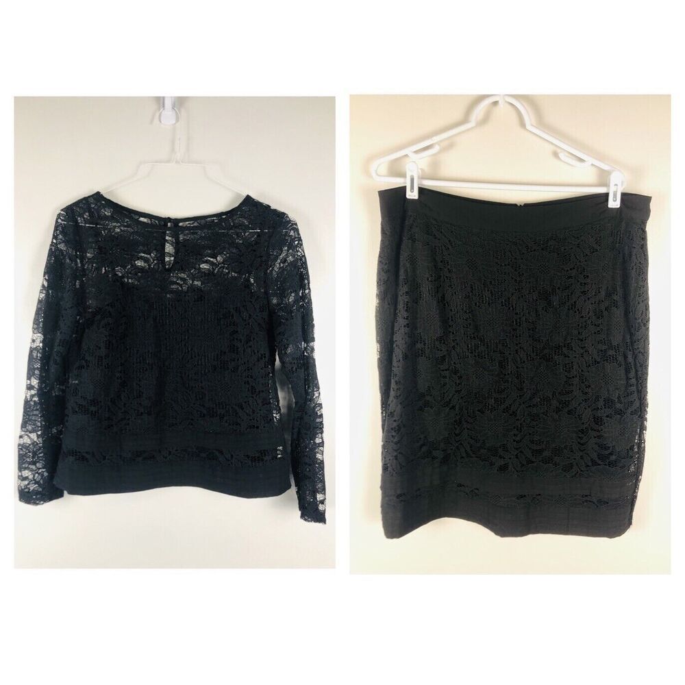 Adiva XL Set Black Lace Sheer Sleeve Boat Neck Lined Blouse & Knee Length Skirt